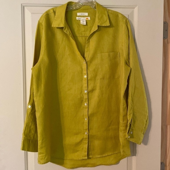C&C California Linen Over Sized Lagenlook Mother of Pearl Shirt Chartreuse M - Picture 2 of 7